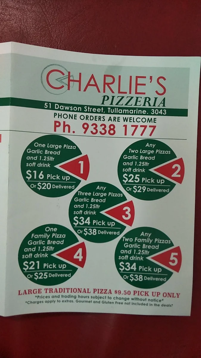 Menu, Charlie's Pizzeria