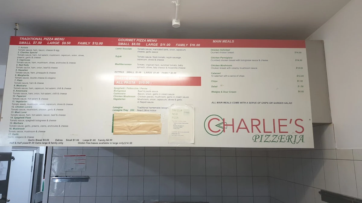 Menu, Charlie's Pizzeria