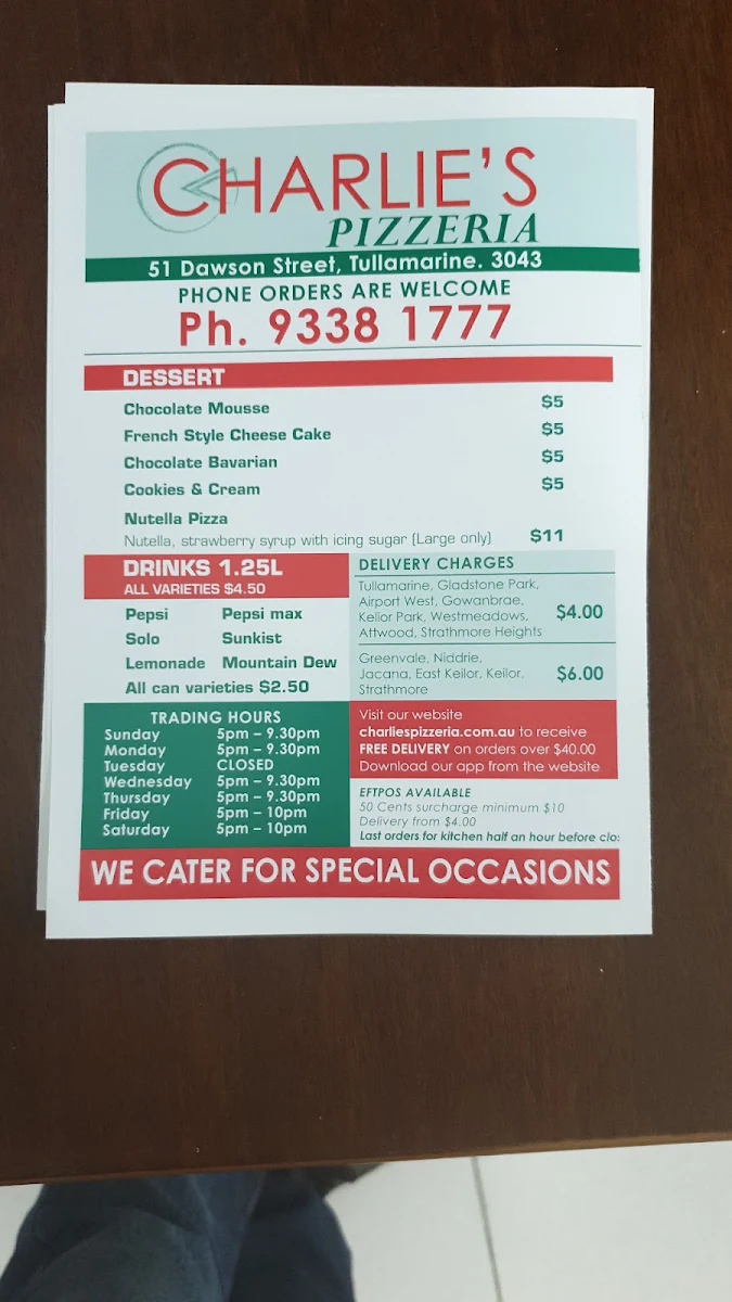 Menu, Charlie's Pizzeria