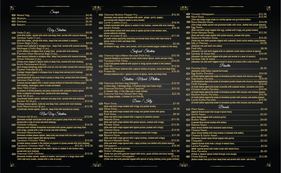 Menu, Chennai Kitchen - South Indian Restaurant