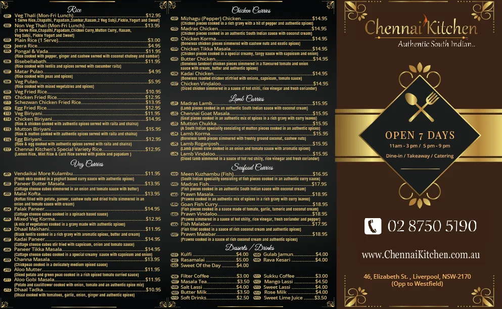 Menu, Chennai Kitchen - South Indian Restaurant