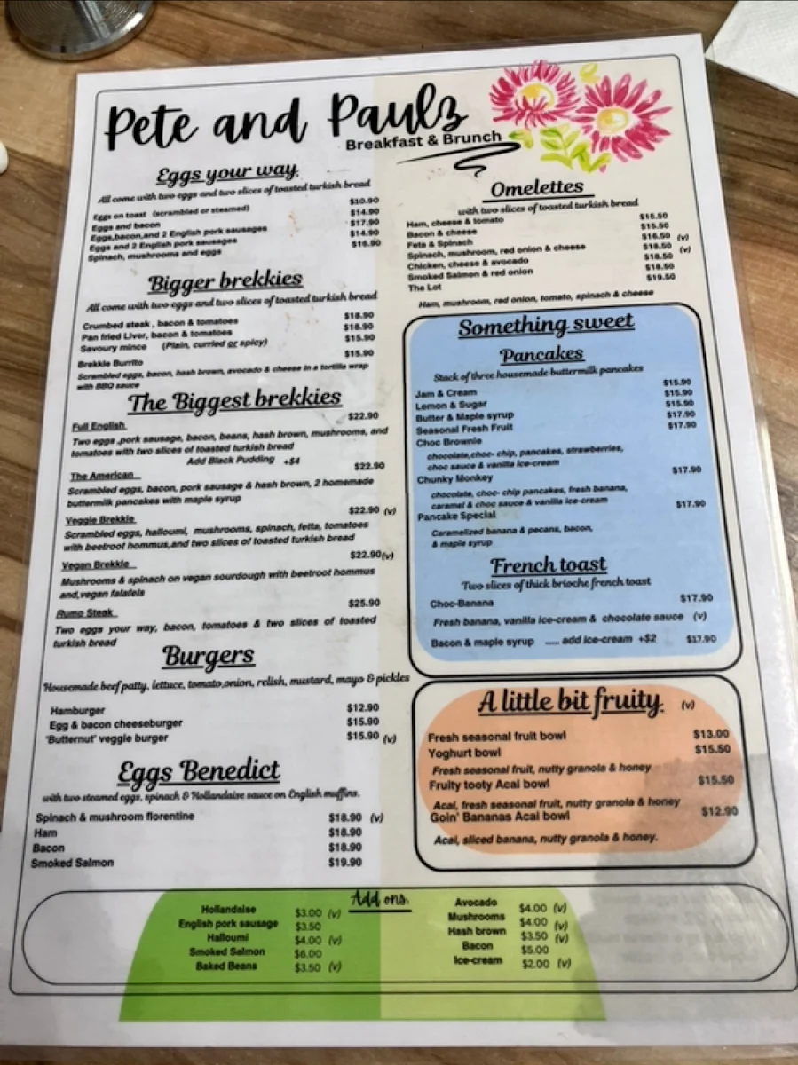 Menu, Pete & Paulz Breakfast Bar