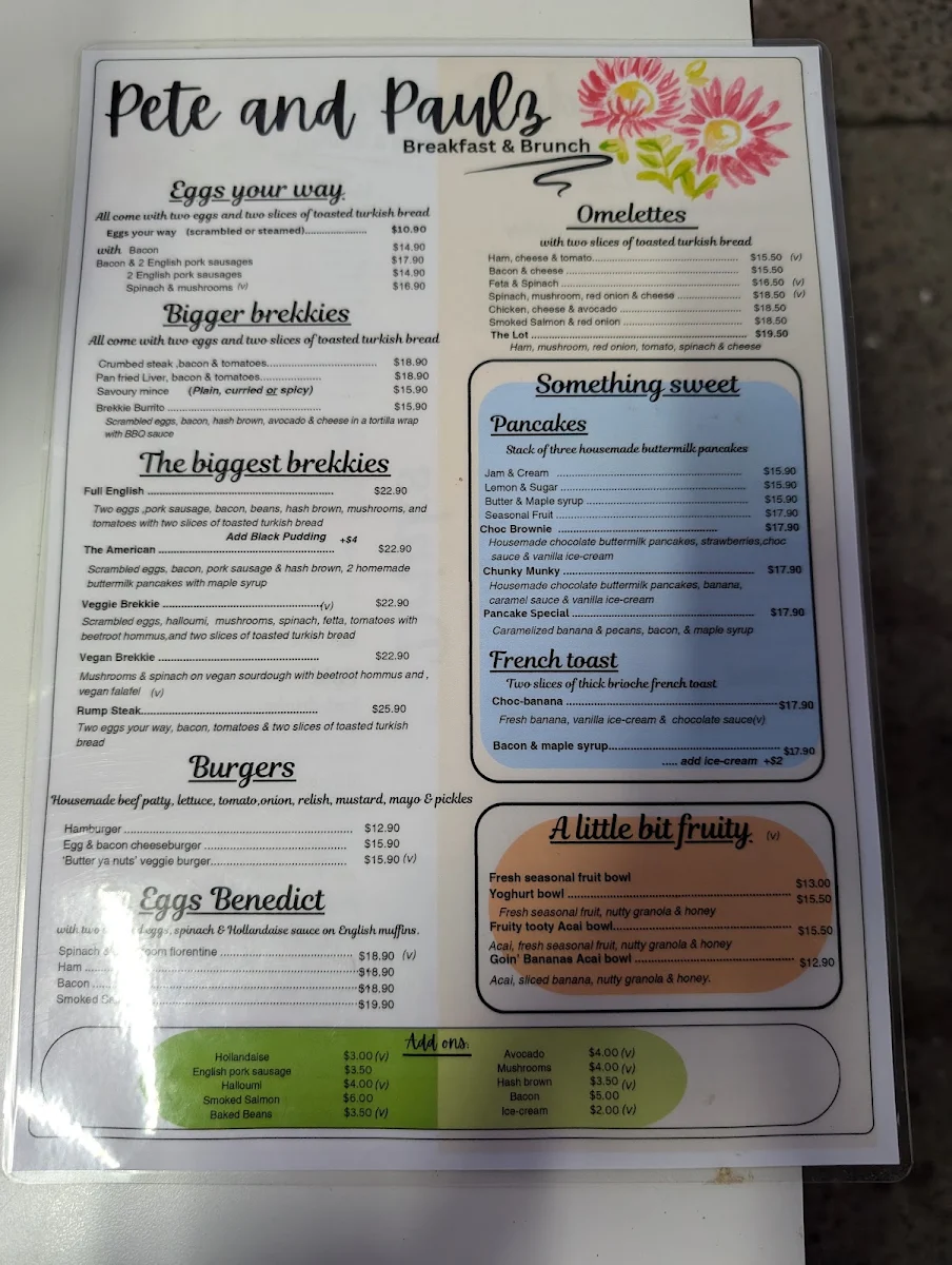 Menu, Pete & Paulz Breakfast Bar