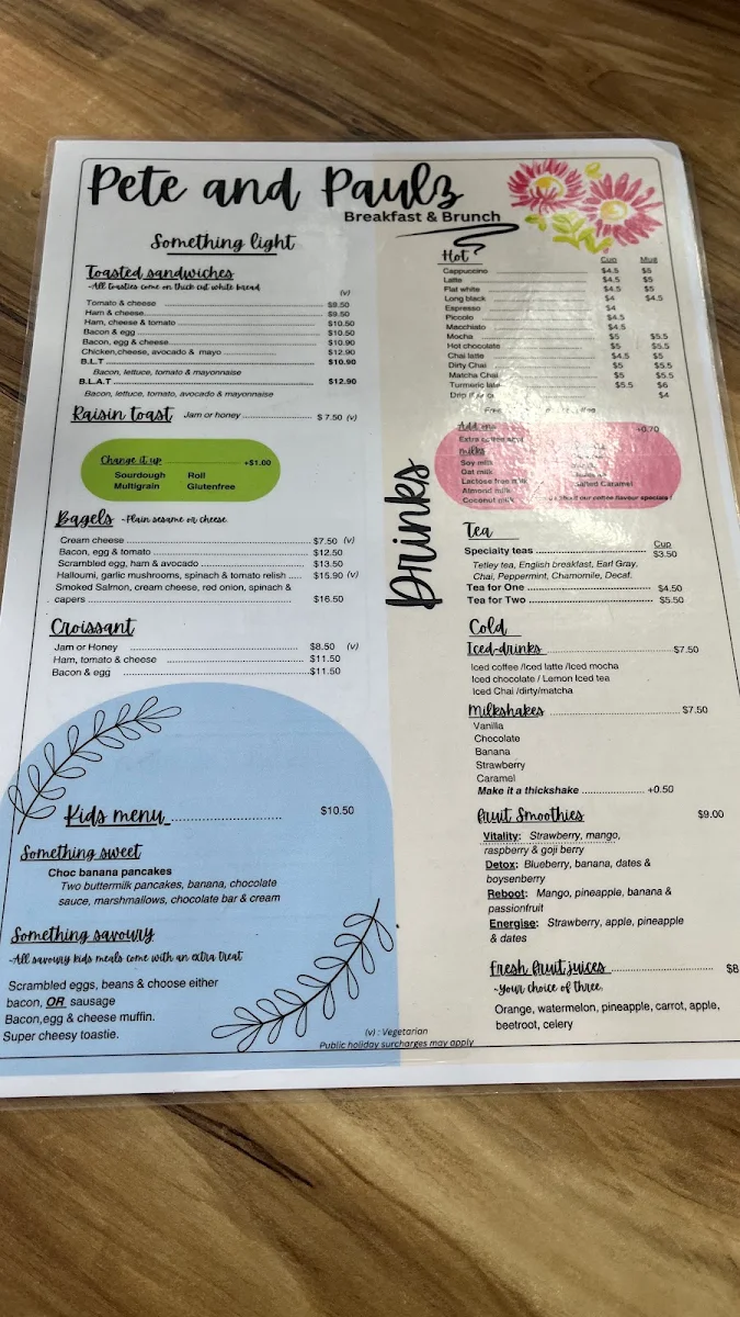 Menu, Pete & Paulz Breakfast Bar