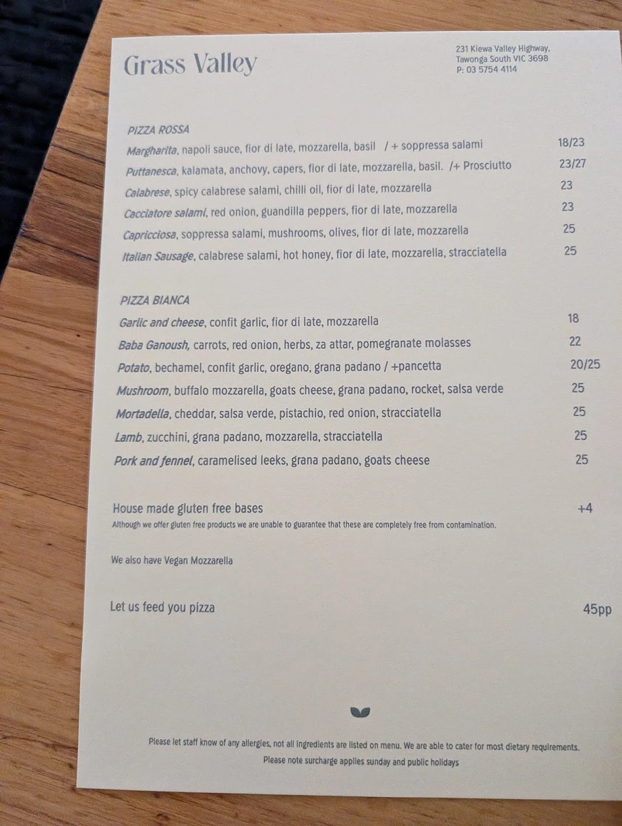 Menu, Grass Valley