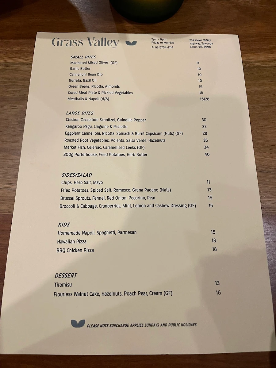 Menu, Grass Valley