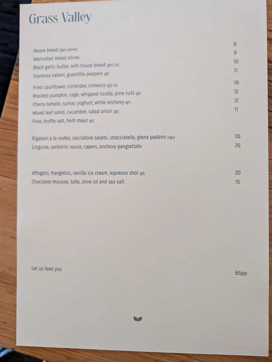 Menu, Grass Valley