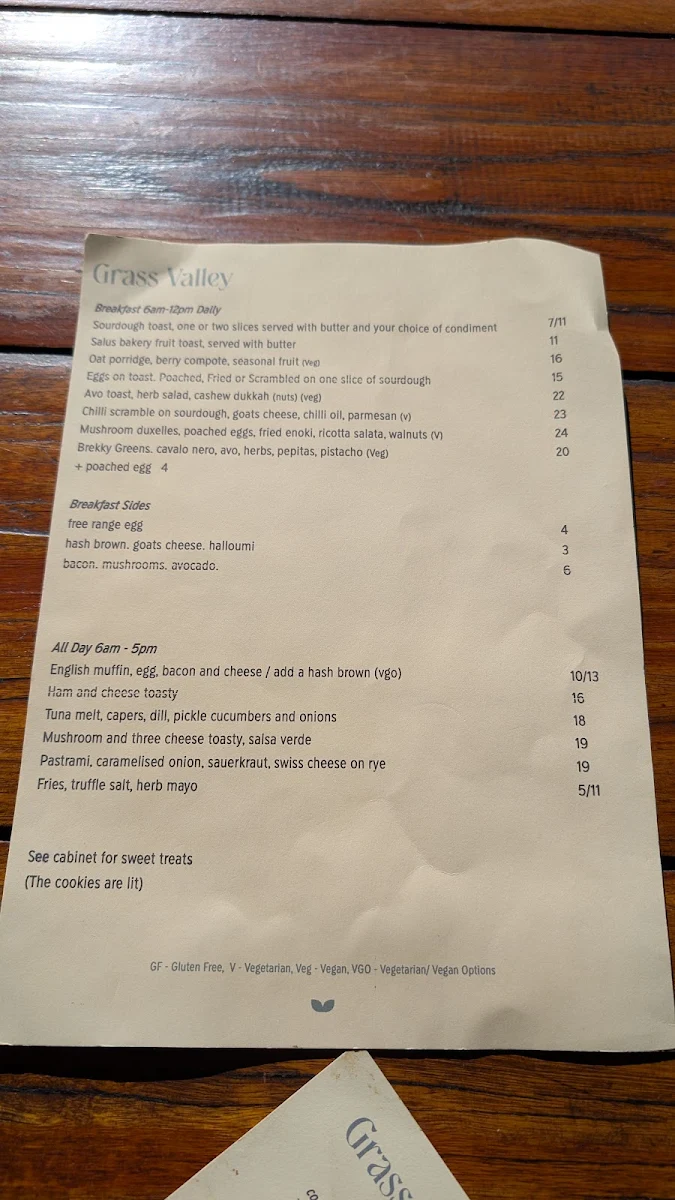 Menu, Grass Valley