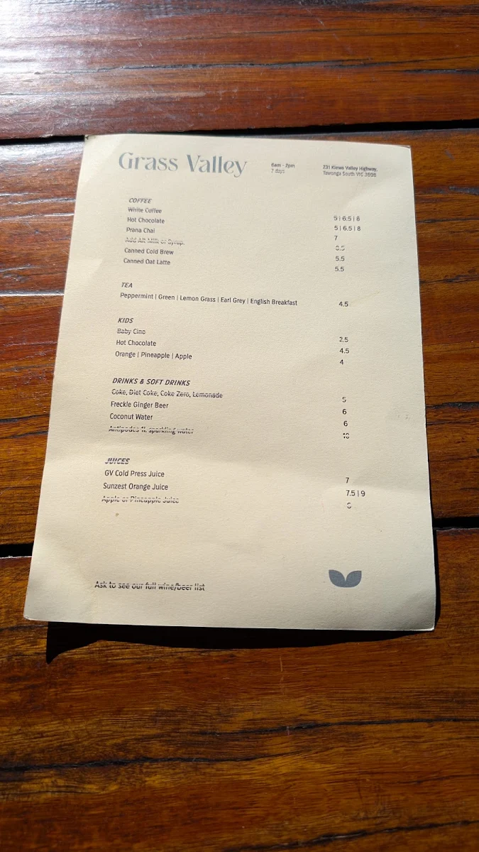 Menu, Grass Valley