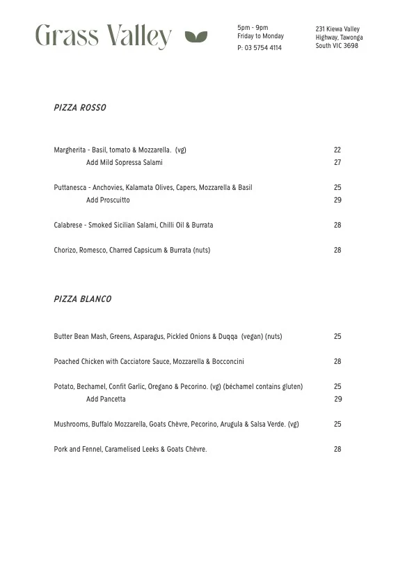 Menu, Grass Valley