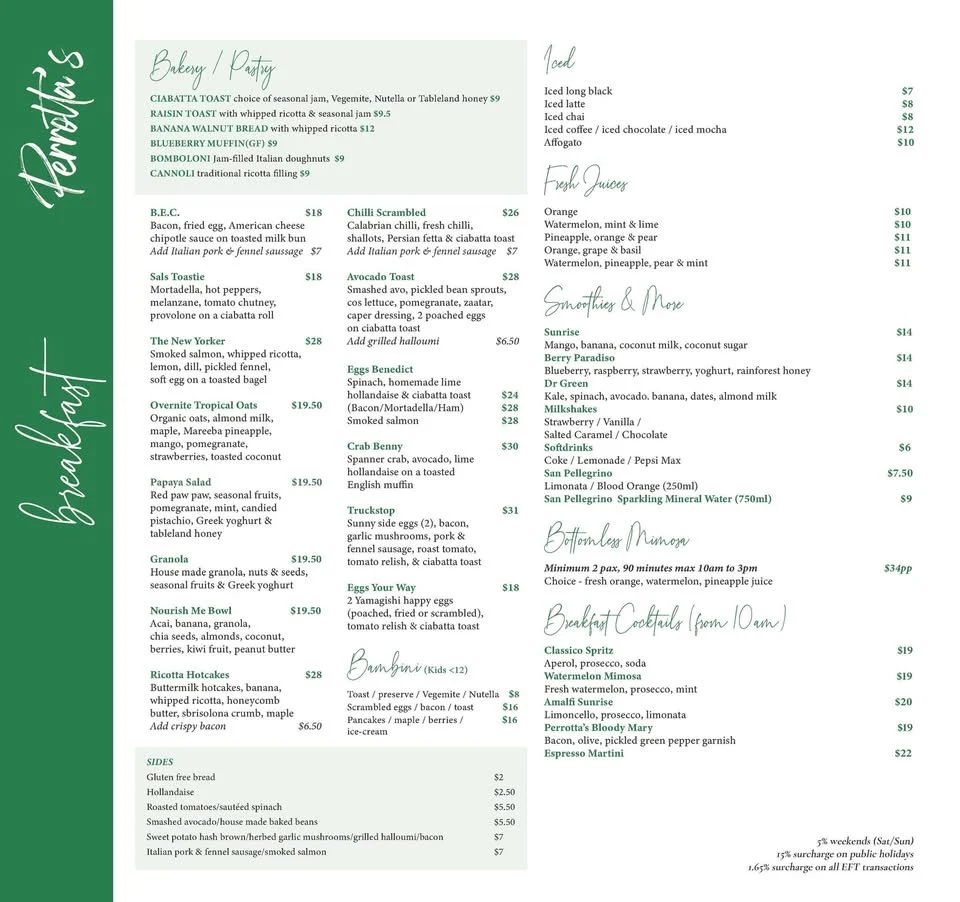 Menu, Perrotta's at the Gallery