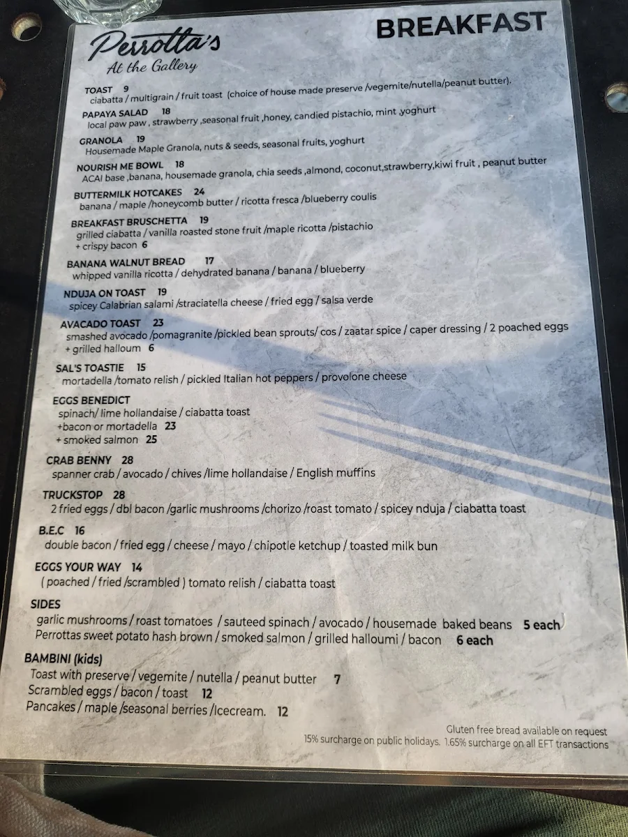 Menu, Perrotta's at the Gallery