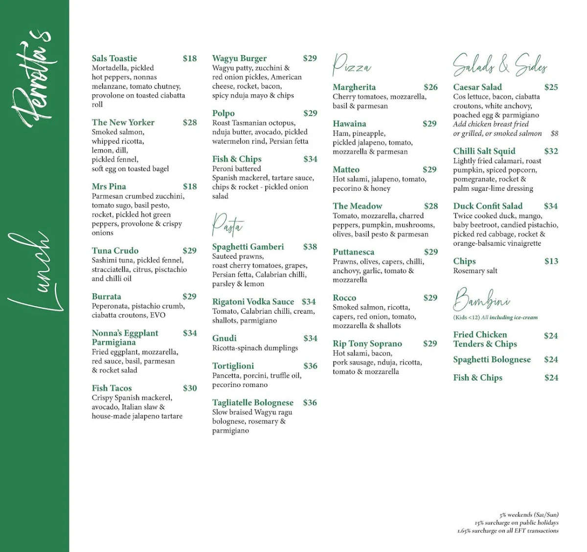 Menu, Perrotta's at the Gallery