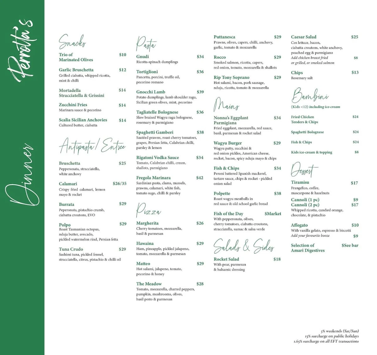 Menu, Perrotta's at the Gallery