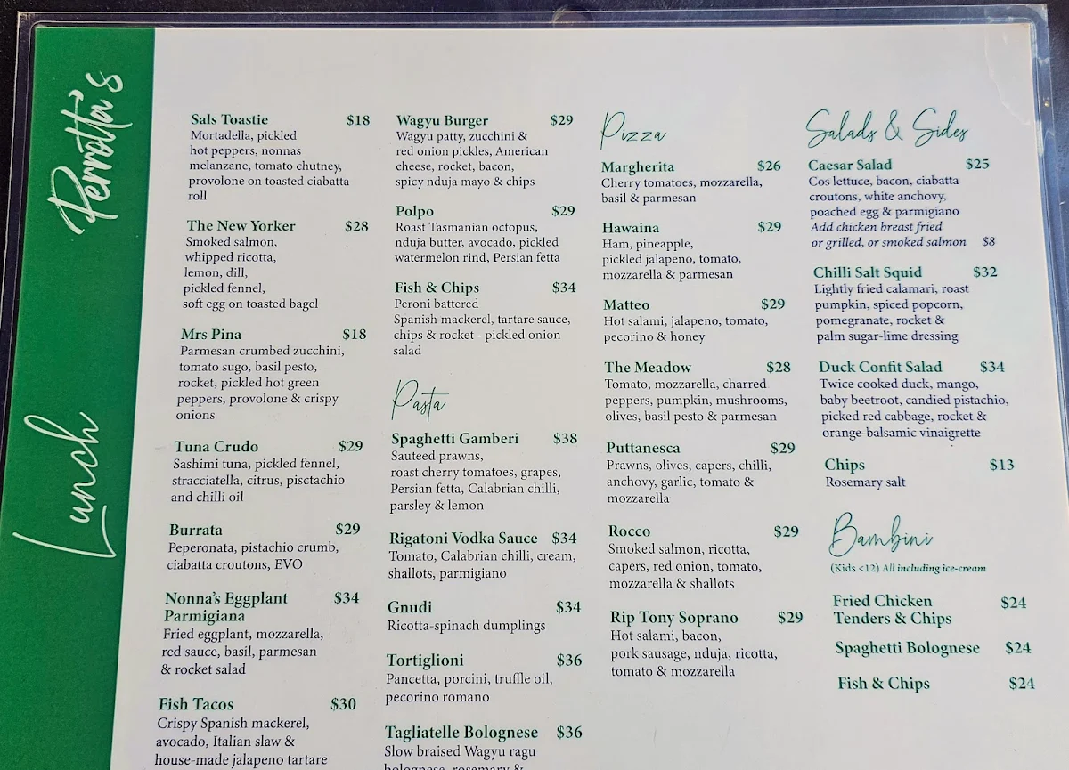 Menu, Perrotta's at the Gallery