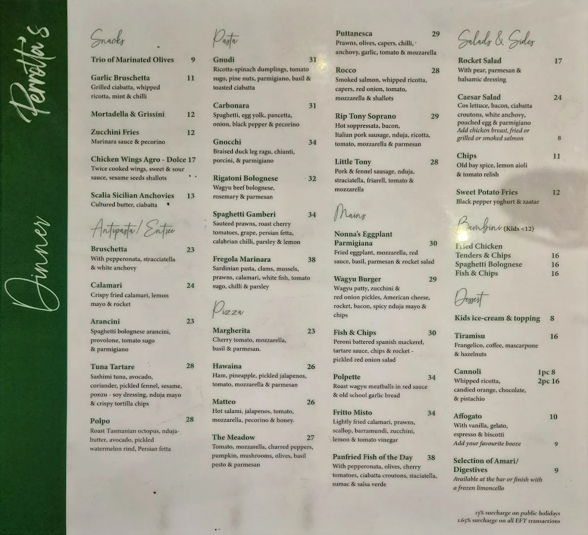 Menu, Perrotta's at the Gallery
