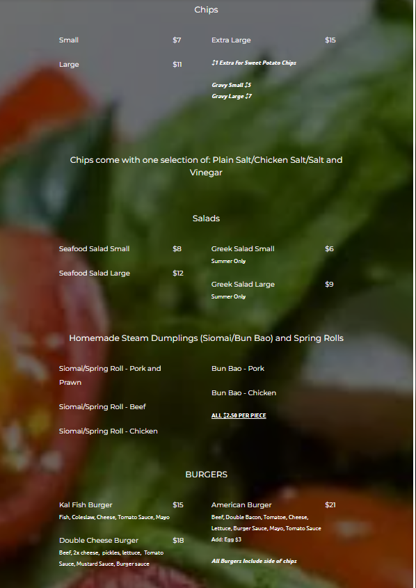 Menu, Kalgoorlie Fish & Chips
