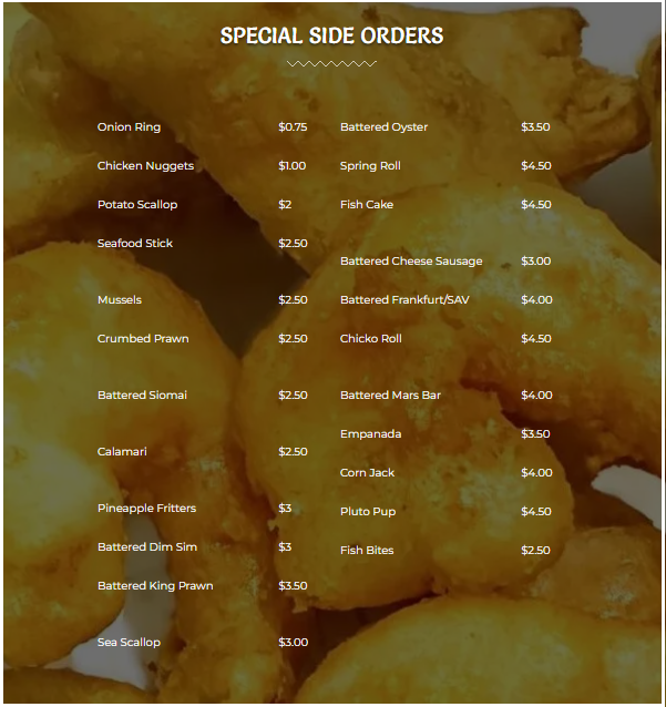 Menu, Kalgoorlie Fish & Chips