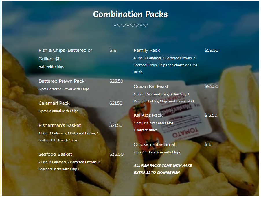 Menu, Kalgoorlie Fish & Chips