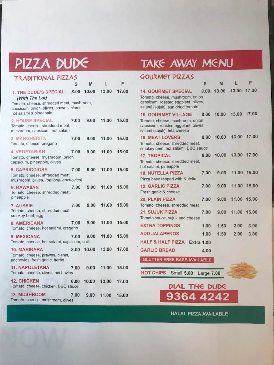 Menu, Pizza Dude