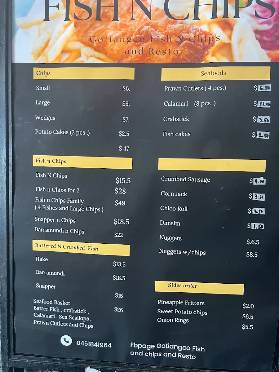 Menu, Gotiangco Fish and Chips and Resto