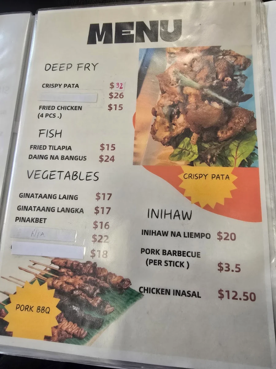 Menu, Gotiangco Fish and Chips and Resto