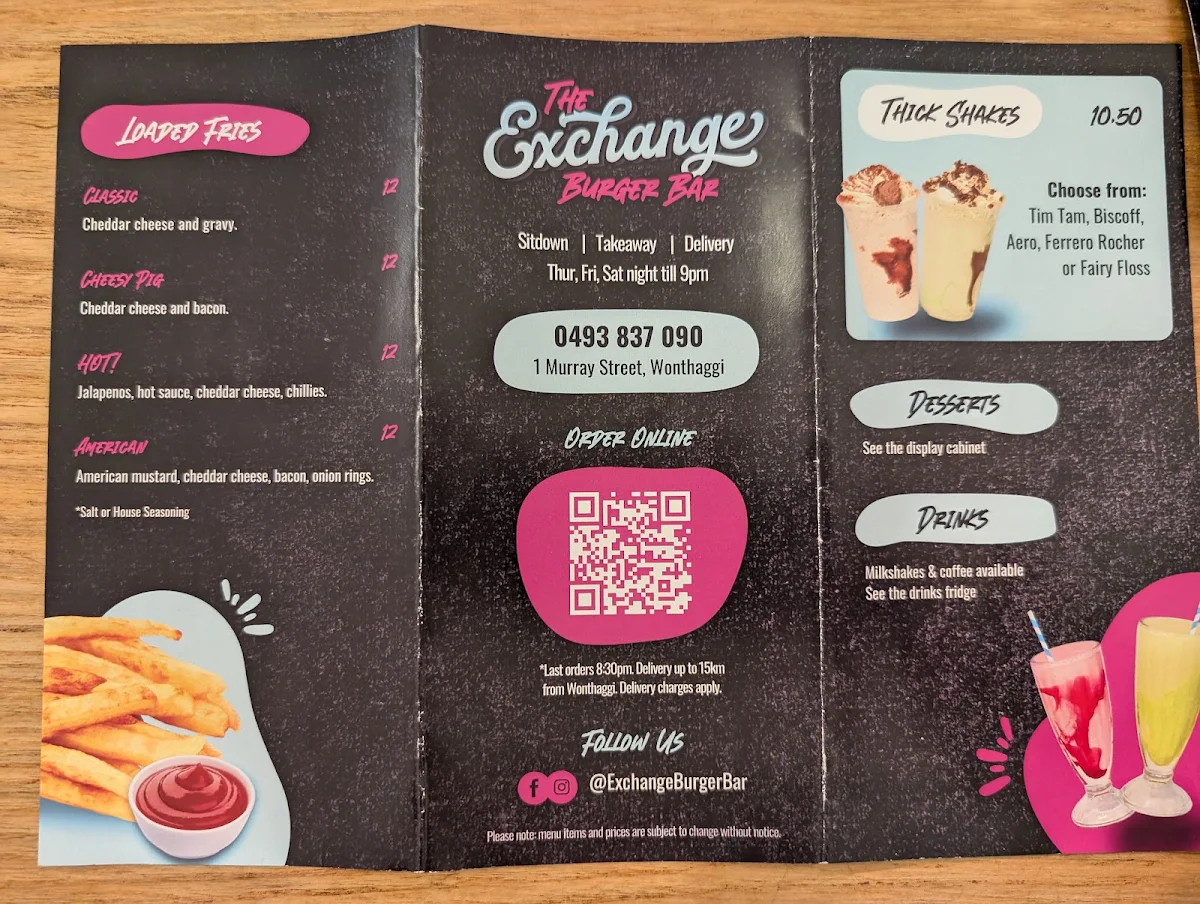 Menu, The Exchange Burger Bar