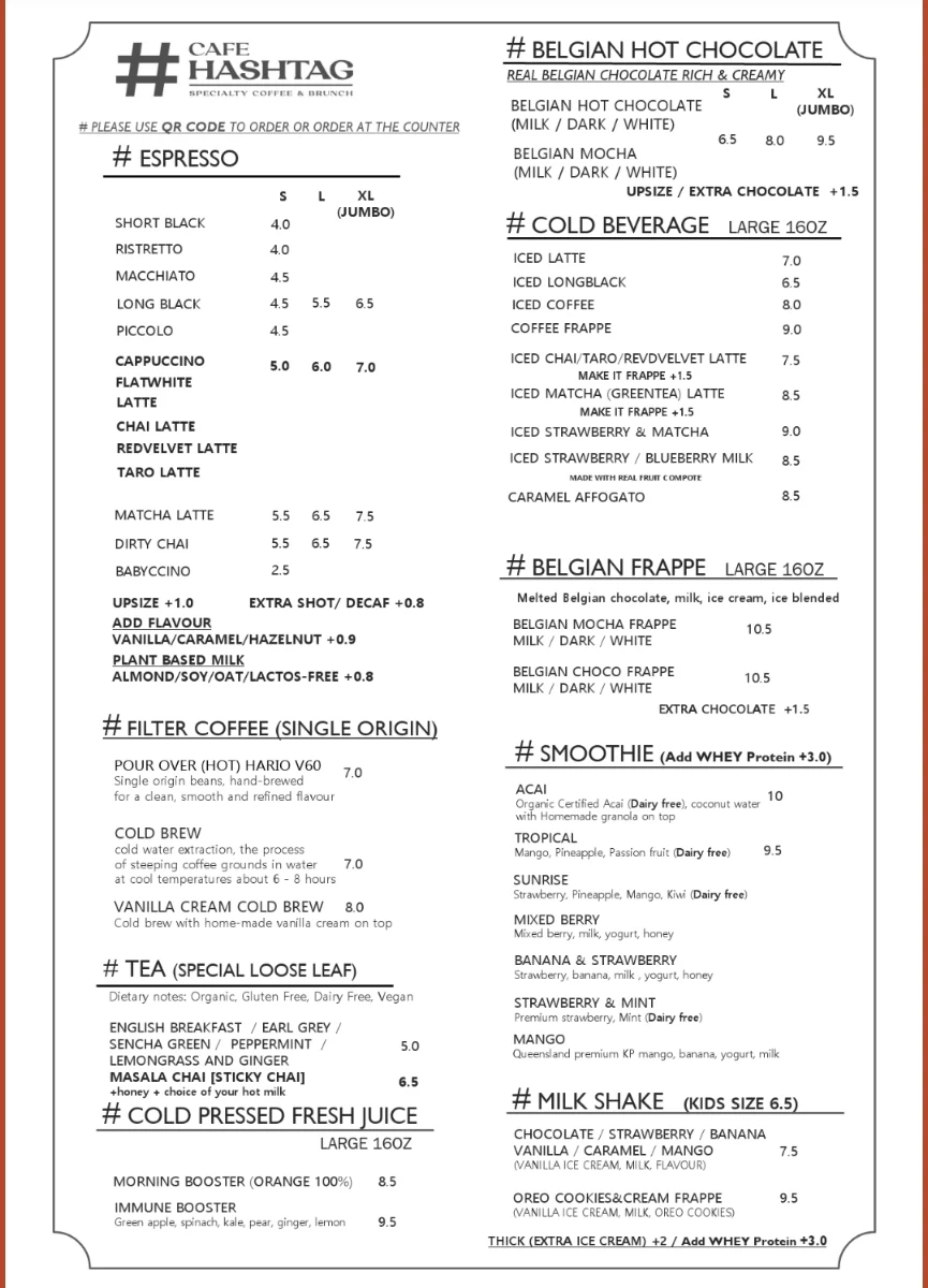 Menu, Cafe Hashtag Wollongong