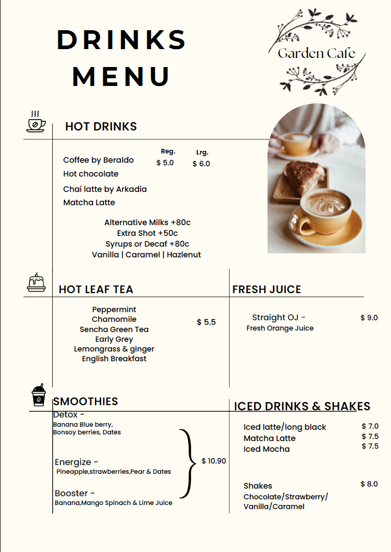 Menu, Garden Cafe Olinda