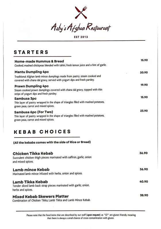 Menu, Ashy's Afghan Restaurant