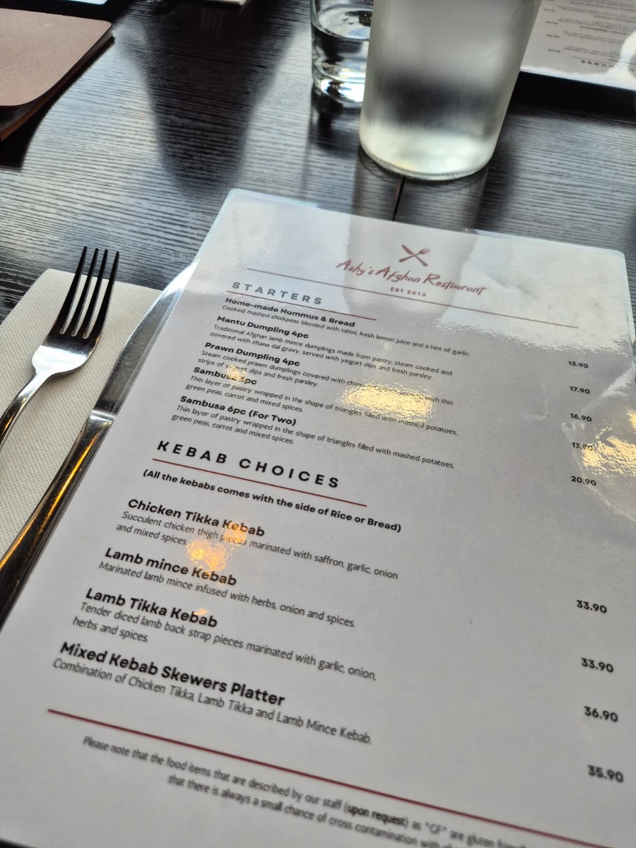 Menu, Ashy's Afghan Restaurant