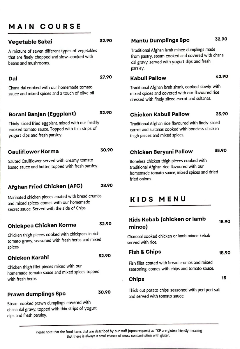 Menu, Ashy's Afghan Restaurant