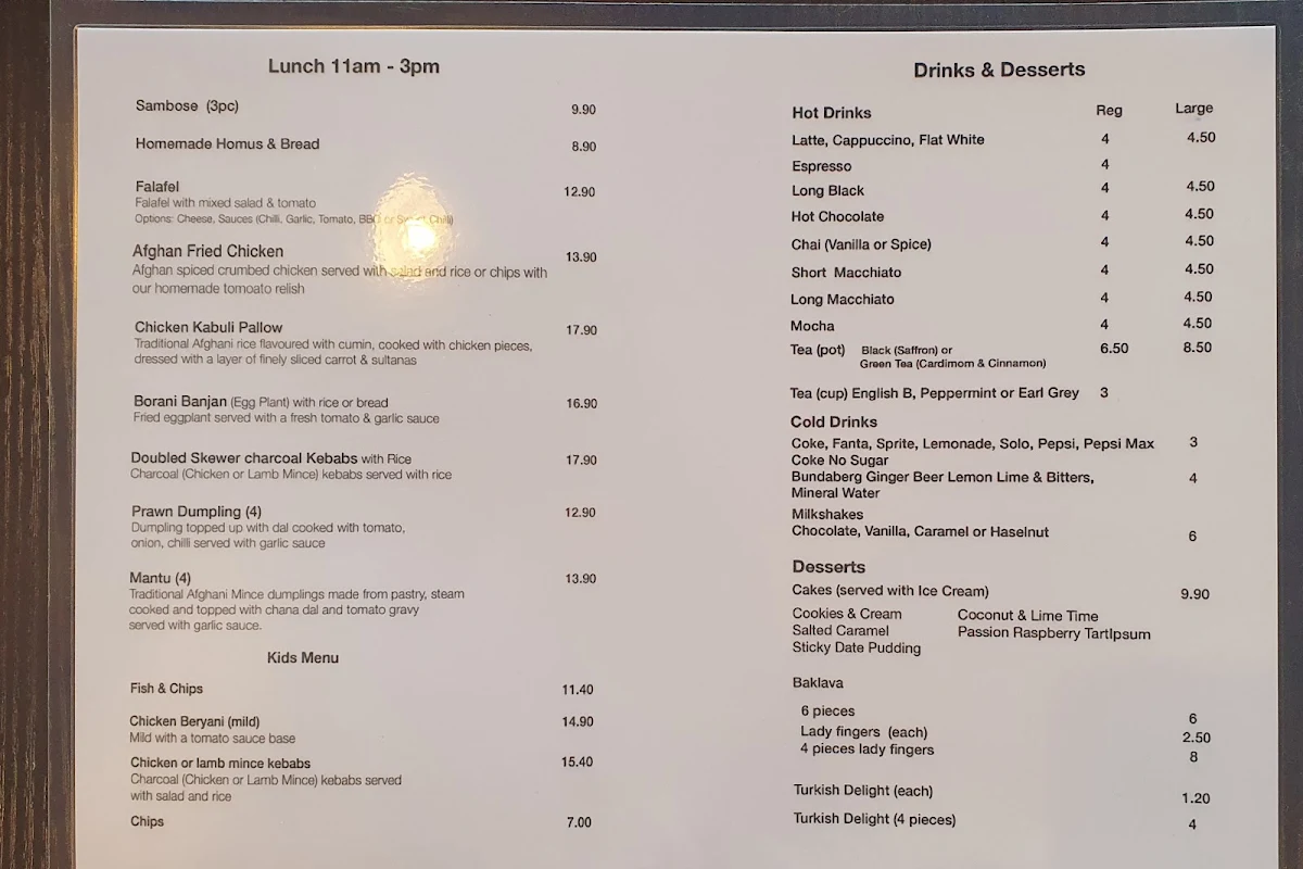 Menu, Ashy's Afghan Restaurant