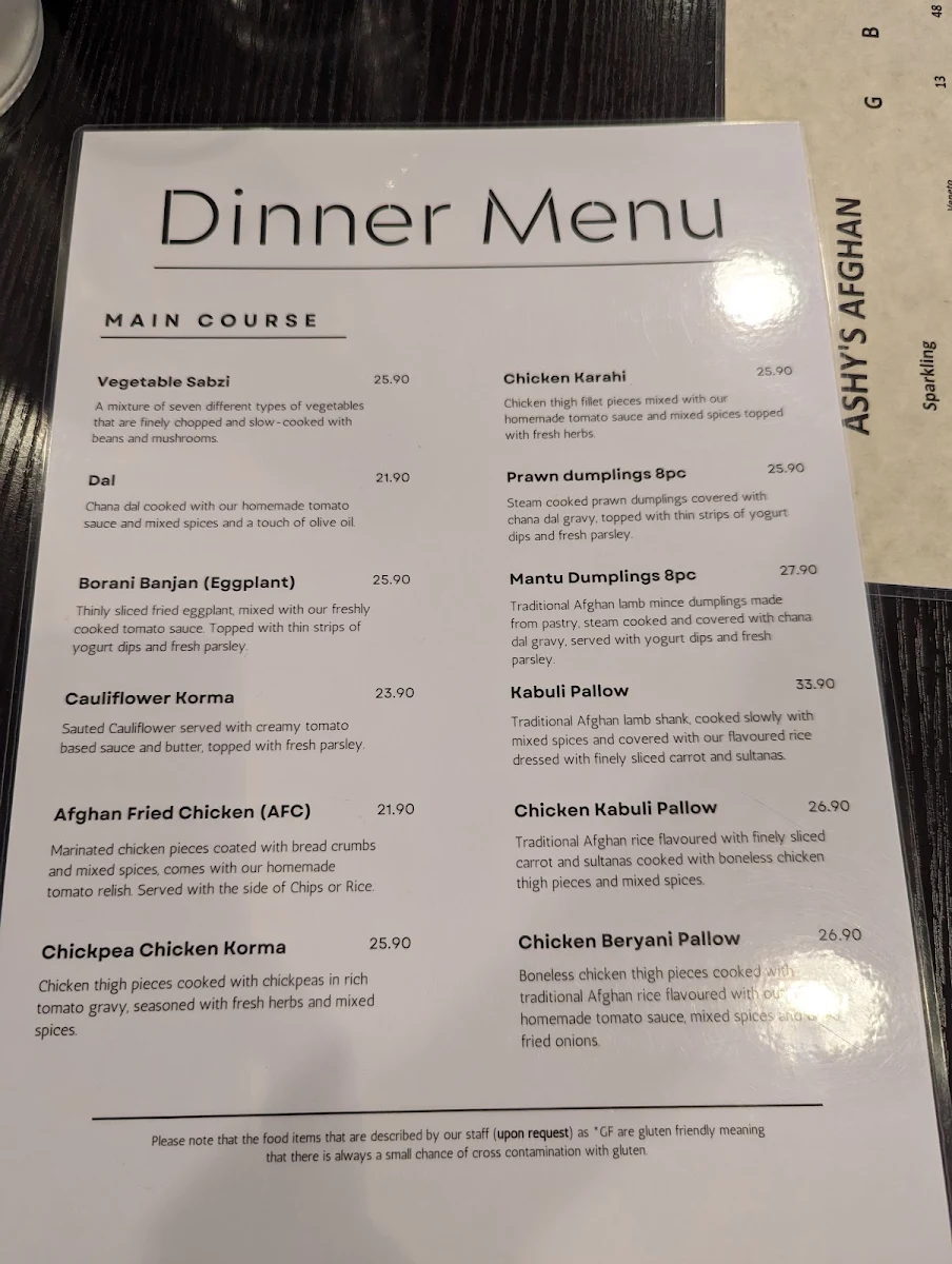 Menu, Ashy's Afghan Restaurant