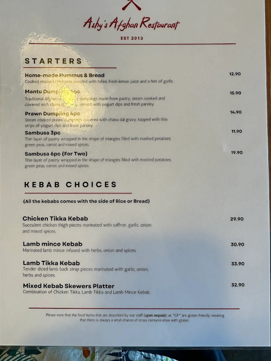 Menu, Ashy's Afghan Restaurant