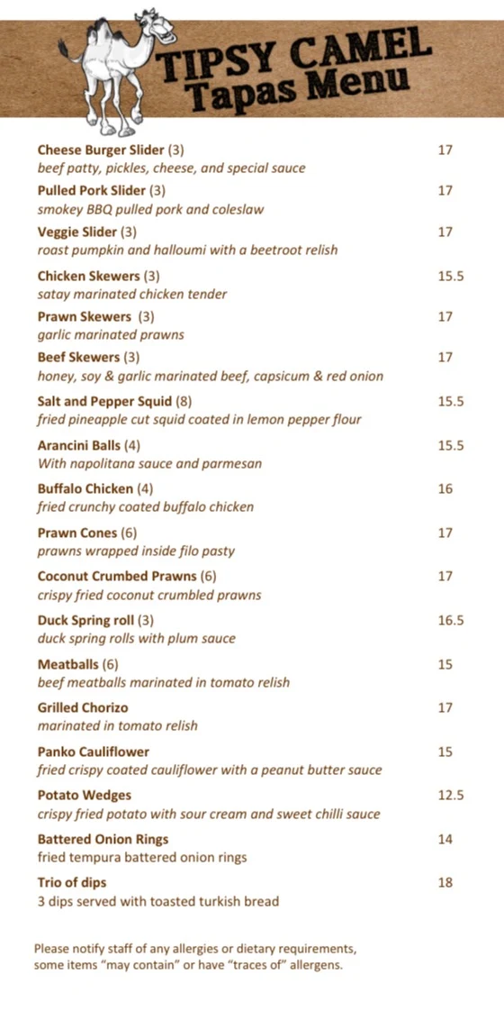 Menu, Tipsy Camel Schnitzel House, Tapas and Bar