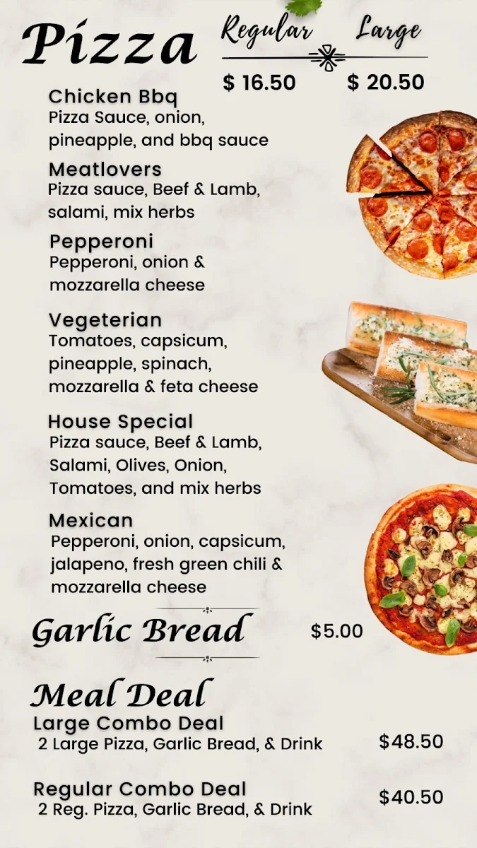 Menu, RedBank kebab and Pizza Shop