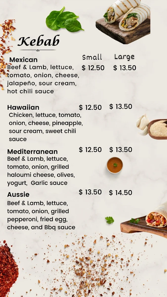 Menu, RedBank kebab and Pizza Shop