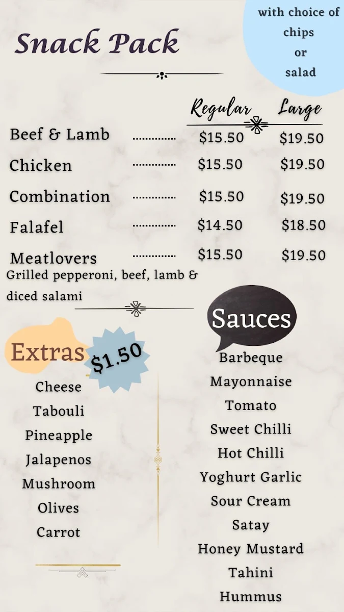 Menu, RedBank kebab and Pizza Shop