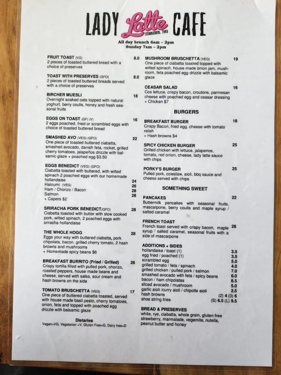 Menu, Lady Latte