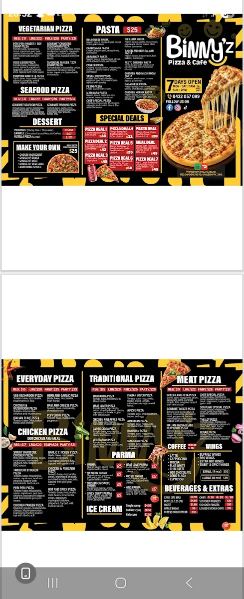 Menu, Binny'z Pizza & Cafe
