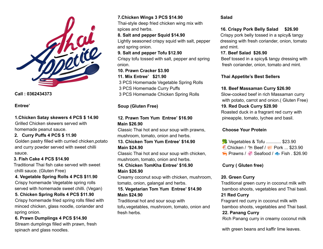 Menu, Thai Appetite