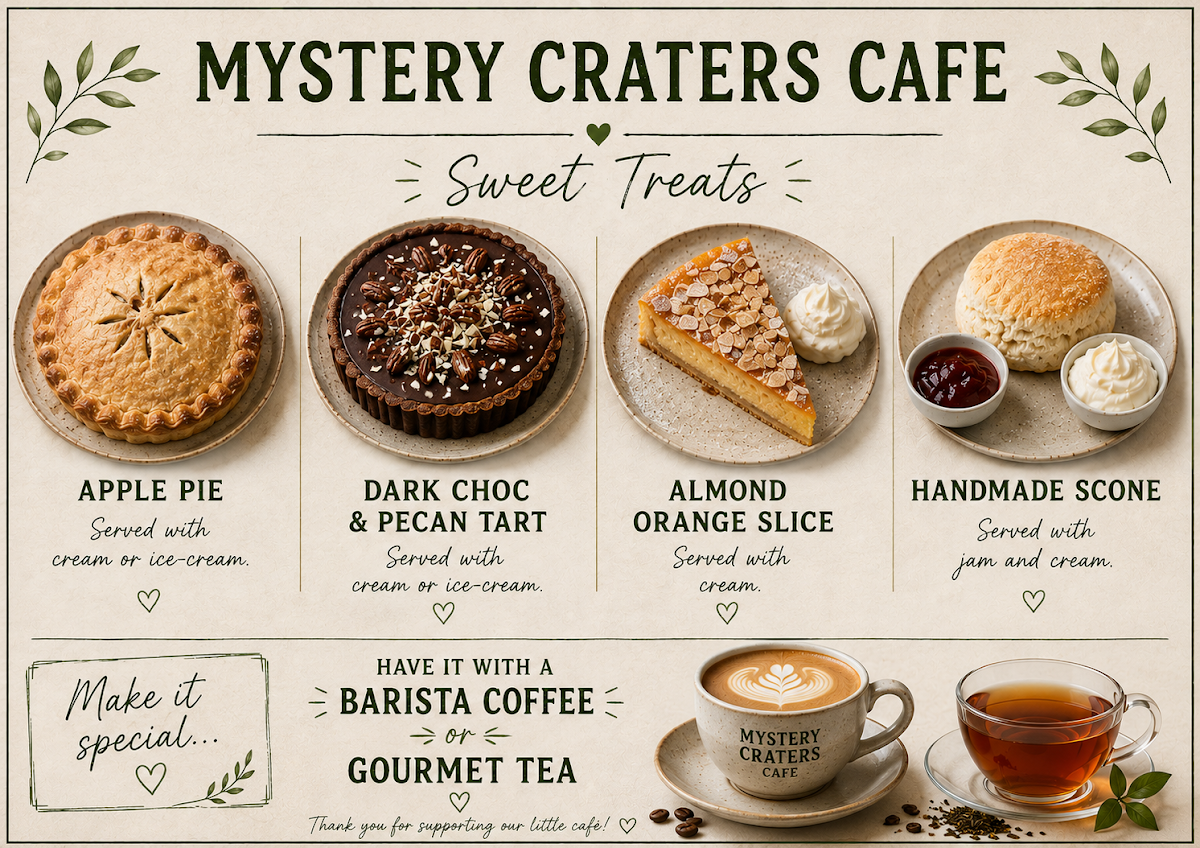 Menu, Mystery Craters Cafe