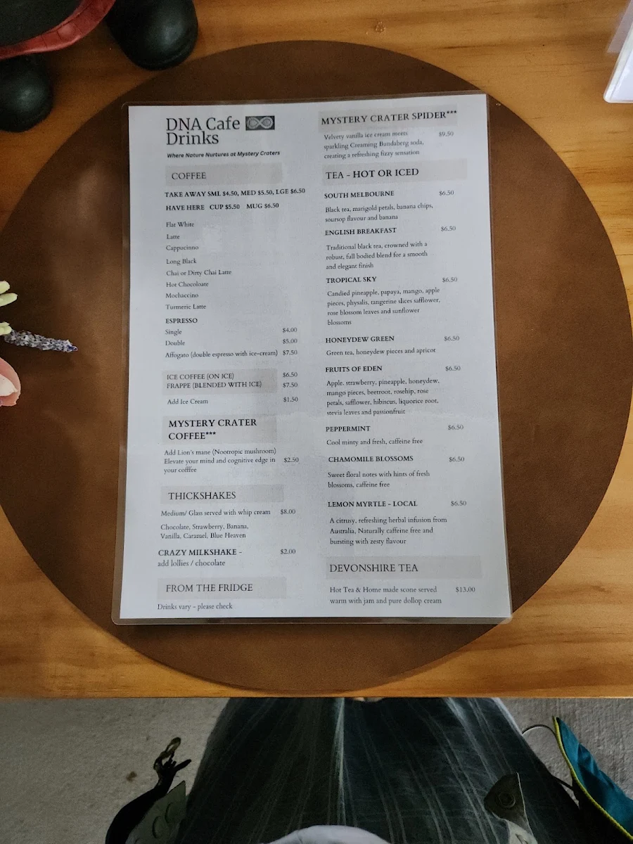 Menu, Mystery Craters Cafe