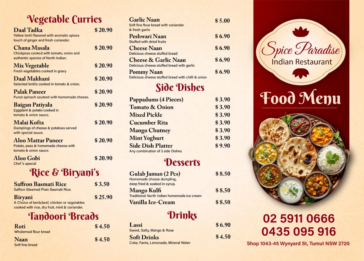 Menu, Spice Paradise Indian Restaurant