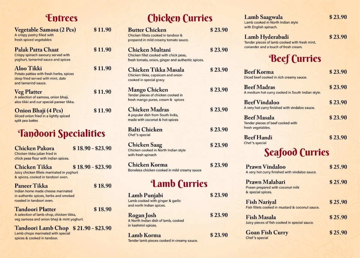 Menu, Spice Paradise Indian Restaurant