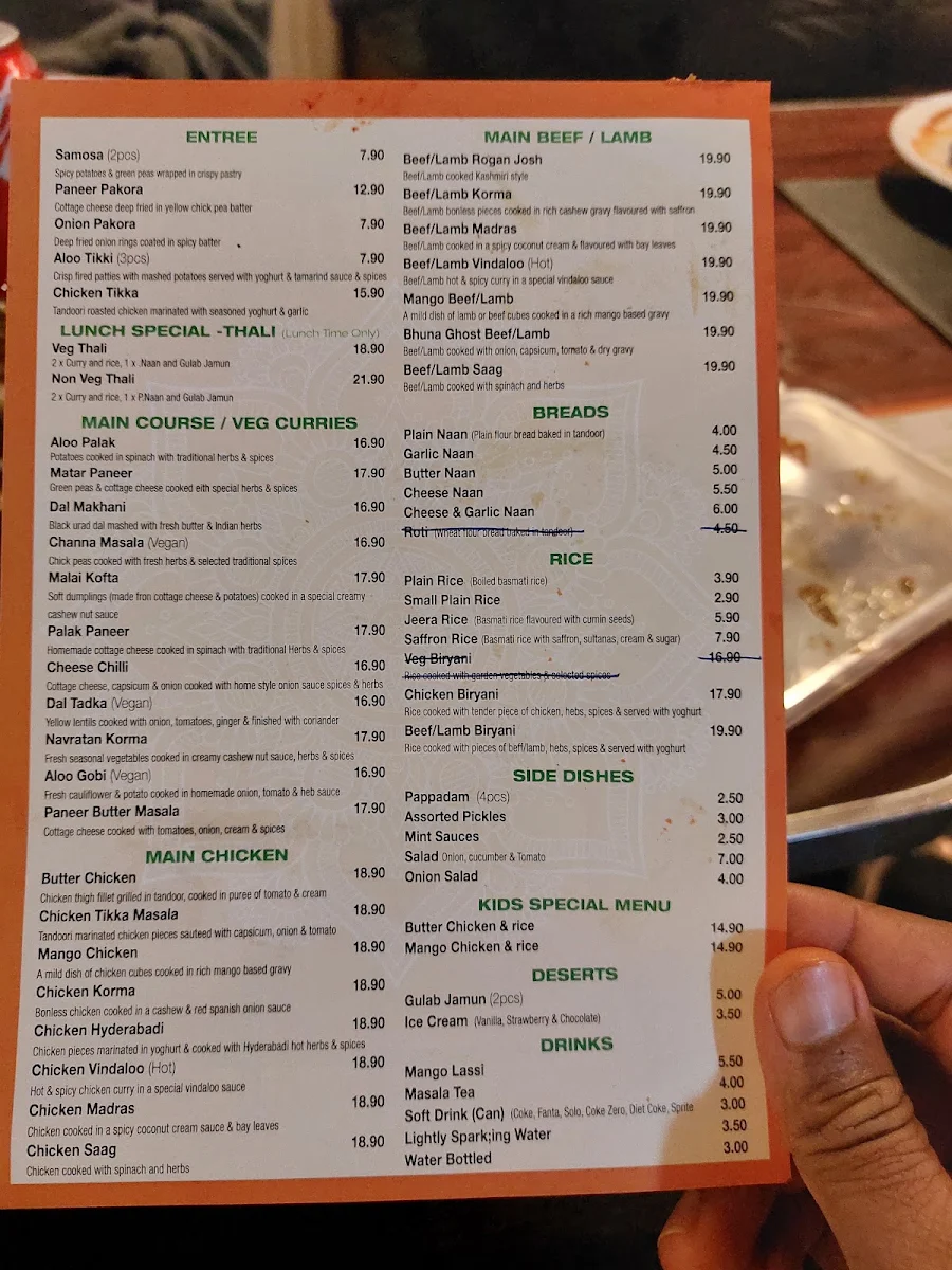 Menu, Spice Paradise Indian Restaurant