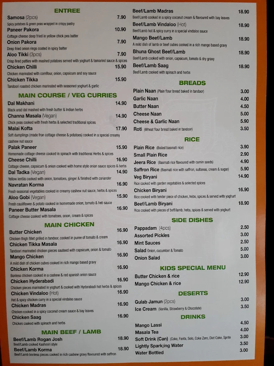 Menu, Spice Paradise Indian Restaurant