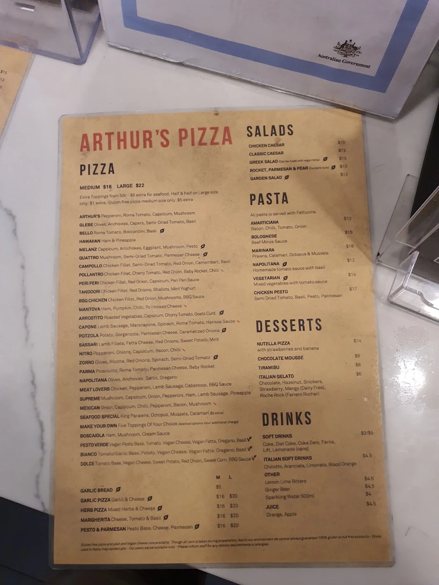 Menu, Arthur's Pizza Glebe