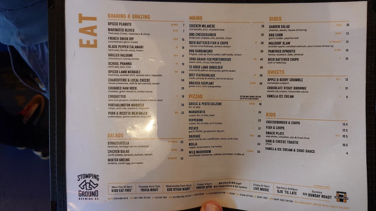 Menu, Stomping Ground Brewery & Beer Hall - Morris Moor
